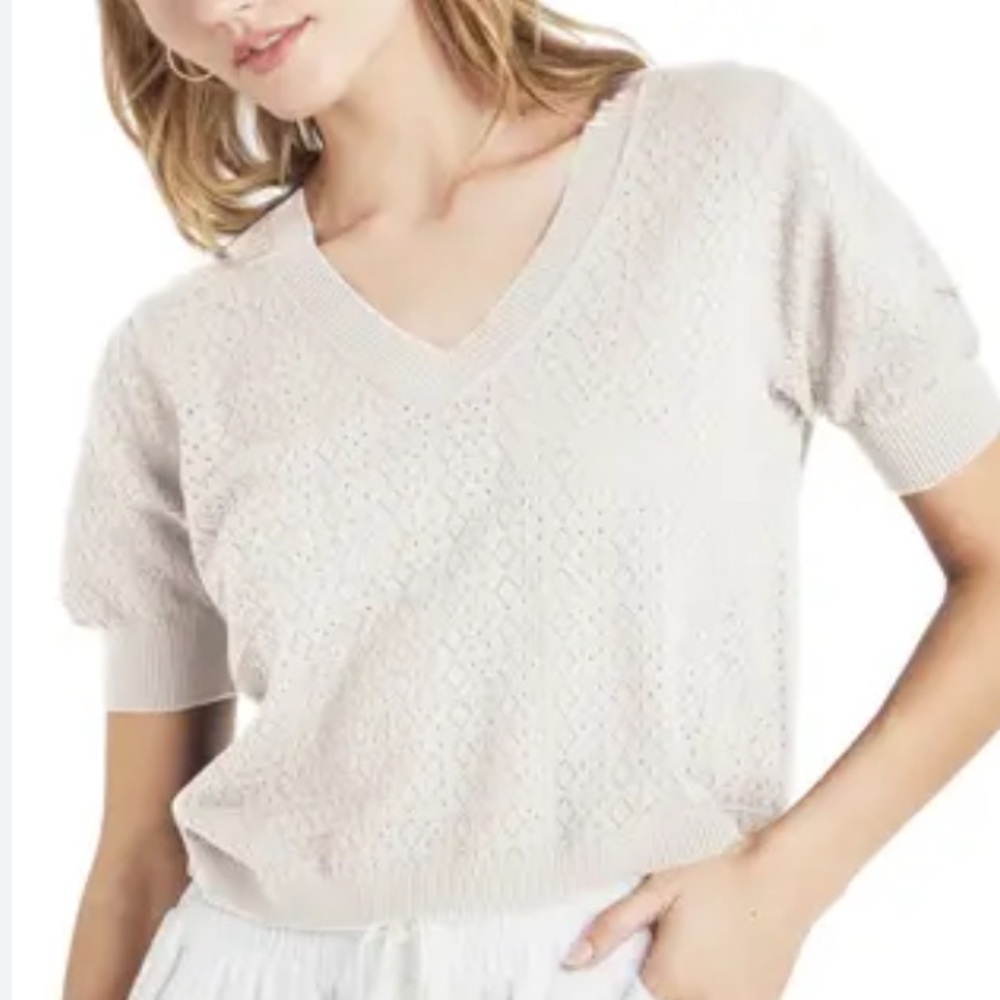 Splendid Sadie Open Stitch Cream V-Neck Short Sleeve Knit Top Women’s Large